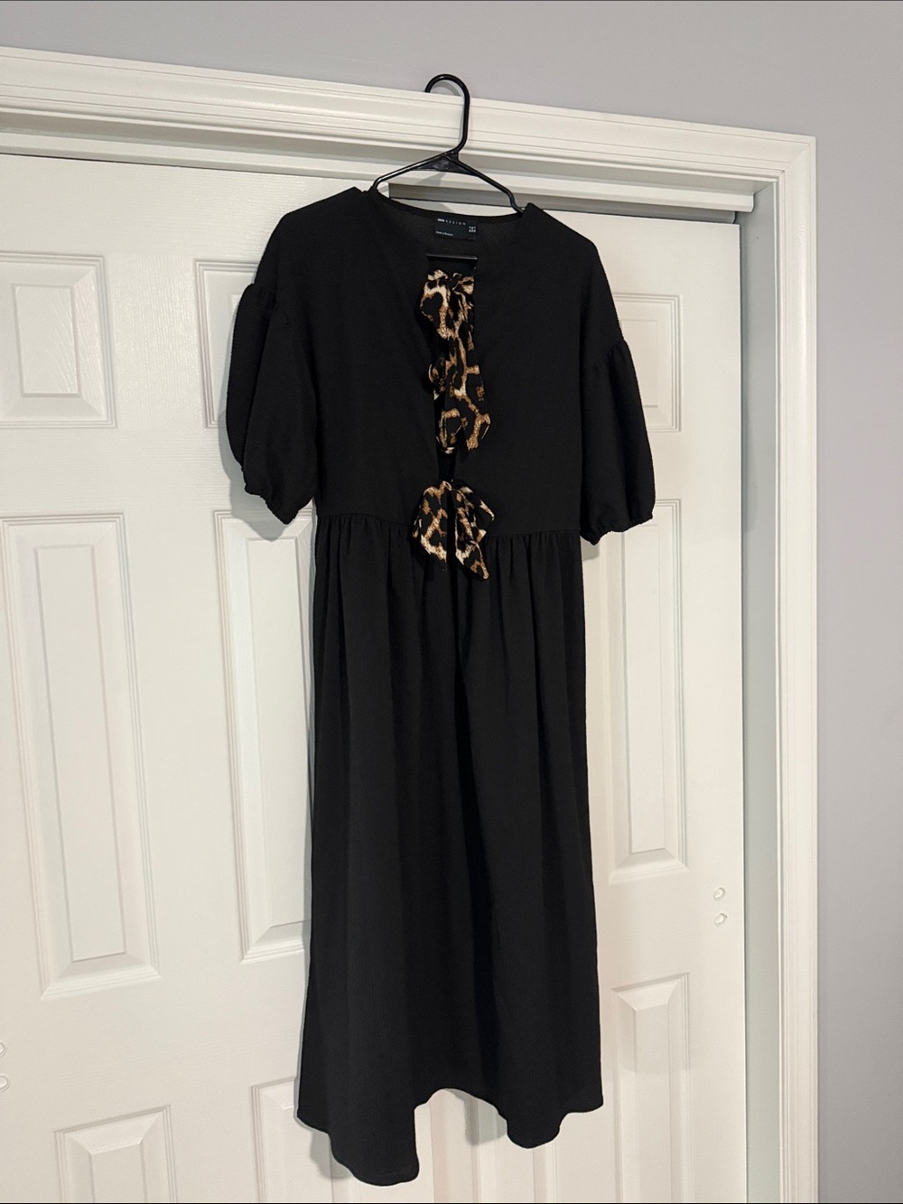 Black Midi Dress with Leopard Tie Detail